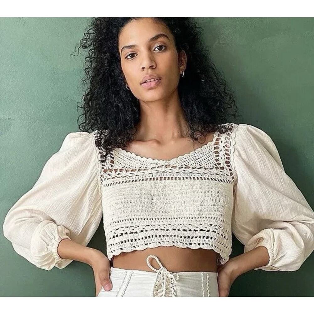 NWT Free People CYNTHIA Small Ecru Ivory Crochet Cropped Gauzy Cotton Boho Top